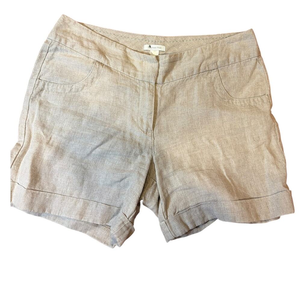 GARNET HILL Women's 100% Linen Shorts Size 10 Oatmeal Beige Cuff 5" Midrise
